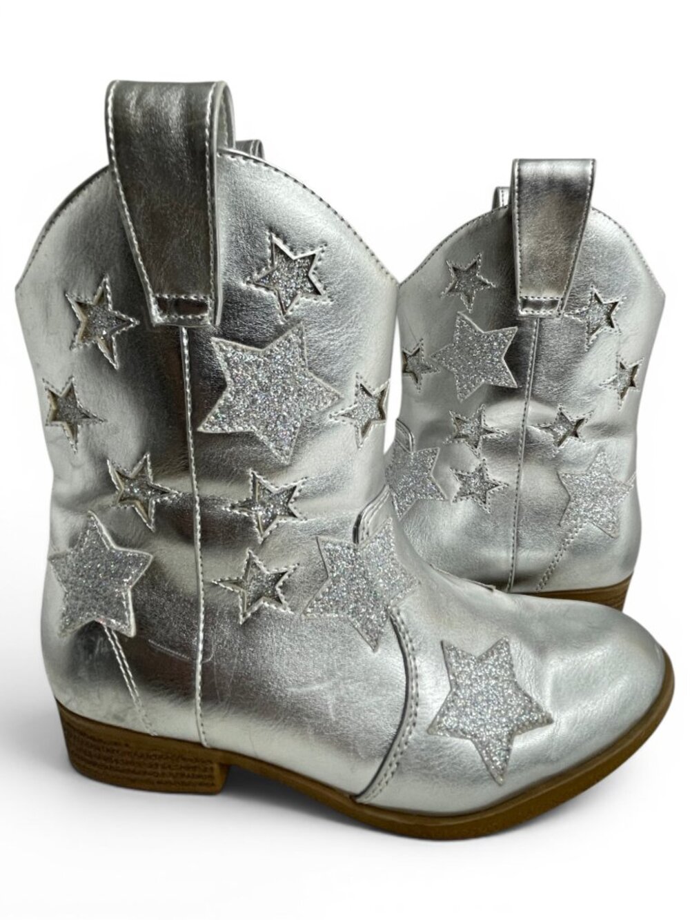 Dream Pairs Silver Faux Leather Glitter Star Western Cowgirl Boots Kids Girls 3